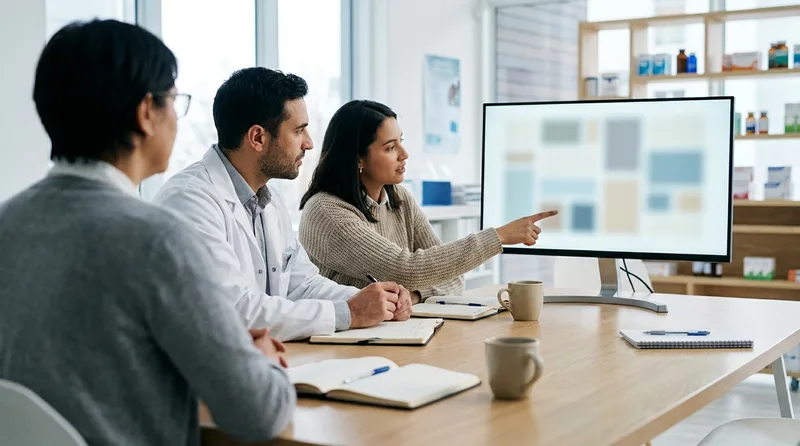 Pharmacist-owner and web designer reviewing pharmacy website wireframes together on a large monitor at a conference table