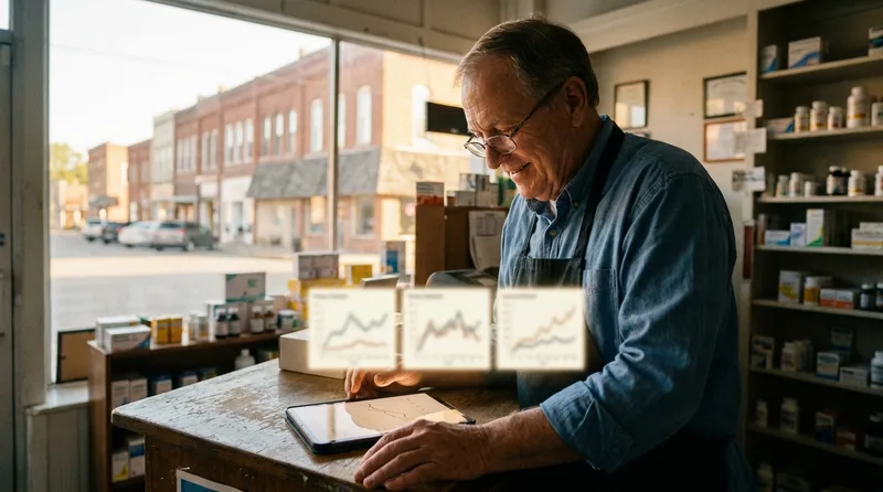 Pharmacy owner at the counter reviewing a tablet with simple line graphs showing monthly website activity