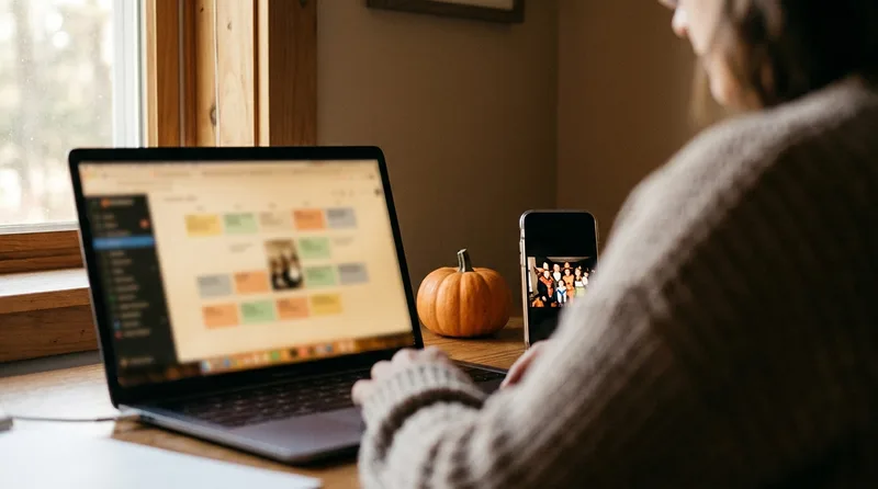 Pharmacy owner scheduling Halloween social media posts on a laptop with a content calendar on screen