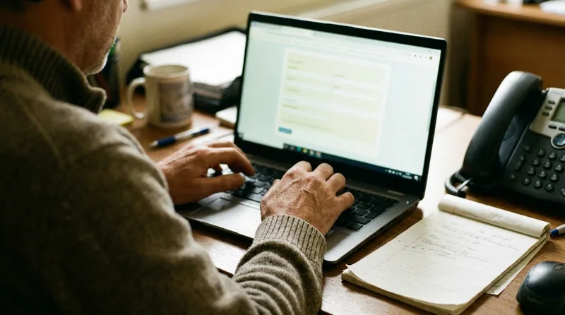 Pharmacy manager completing a brand registration form on a laptop for 10DLC compliance