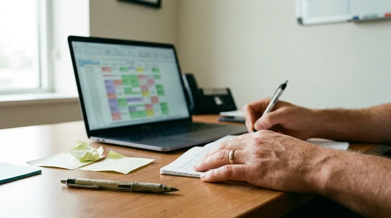 Close-up of a pharmacy manager's hands building a keyword list beside a laptop showing a spreadsheet