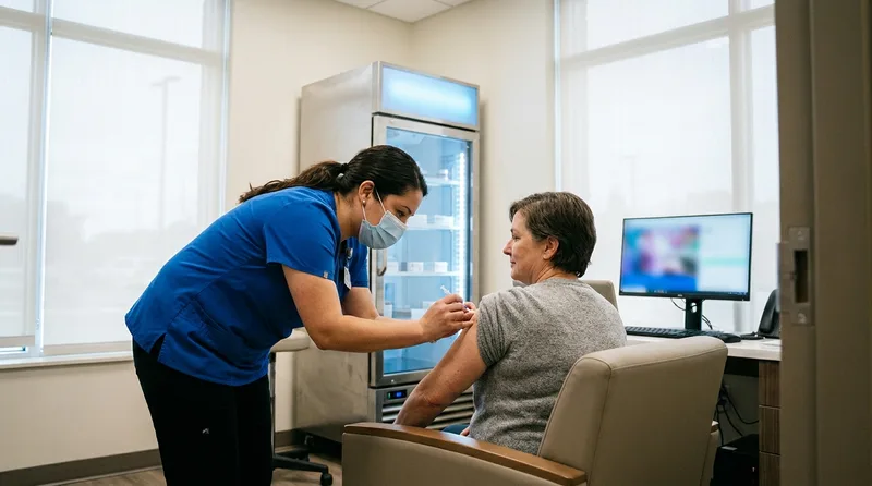 Pharmacist administering a travel vaccine in a pharmacy immunization room