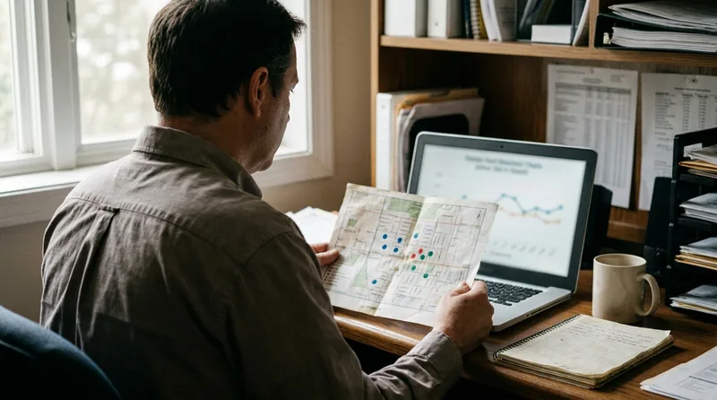 Pharmacy manager comparing a neighborhood map marked with colored dots to a simple chart on a laptop
