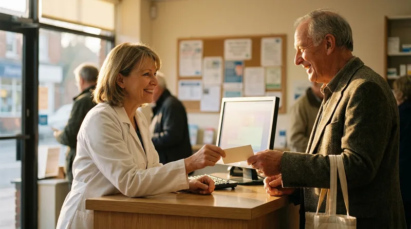 Pharmacist greeting a returning patient by name and handing over a pharmacy loyalty card