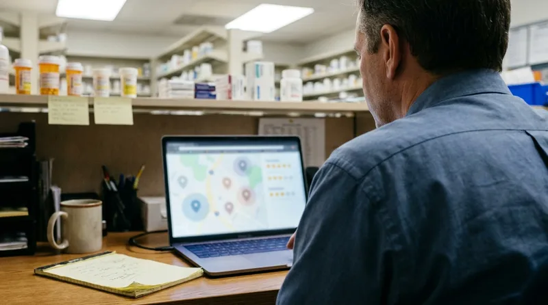 Pharmacy owner reviewing local map search results on a laptop to improve Pennsylvania pharmacy local search visibility