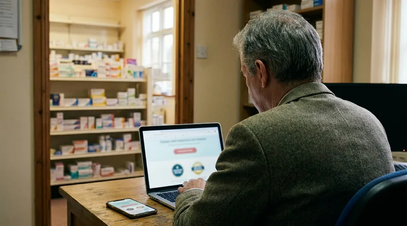 Pharmacy owner reviewing a website layout with a refill button and app-store badges on a laptop