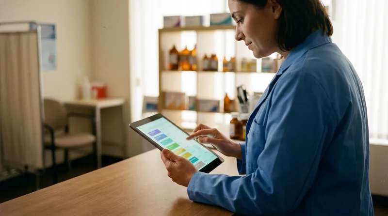 Pharmacist updating pharmacy services and hours on a tablet at the consultation counter
