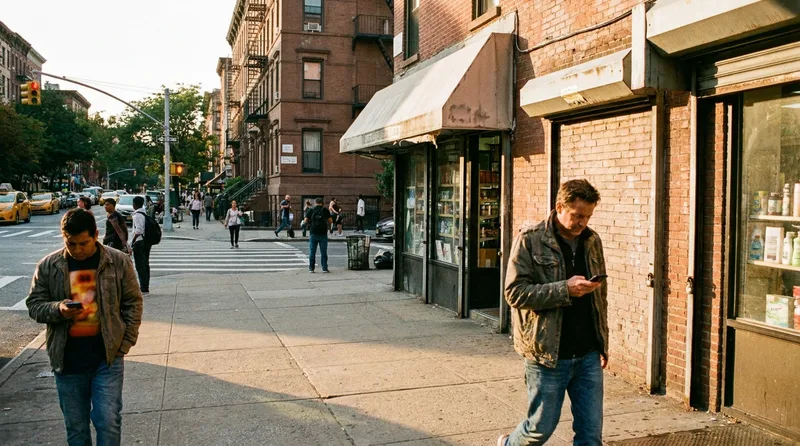 Pedestrian checking a phone on a dense New York block with an independent pharmacy storefront nearby