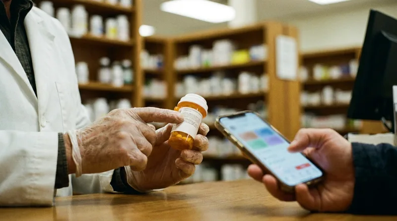 Pharmacist explaining a medication label to a patient at the pharmacy counter