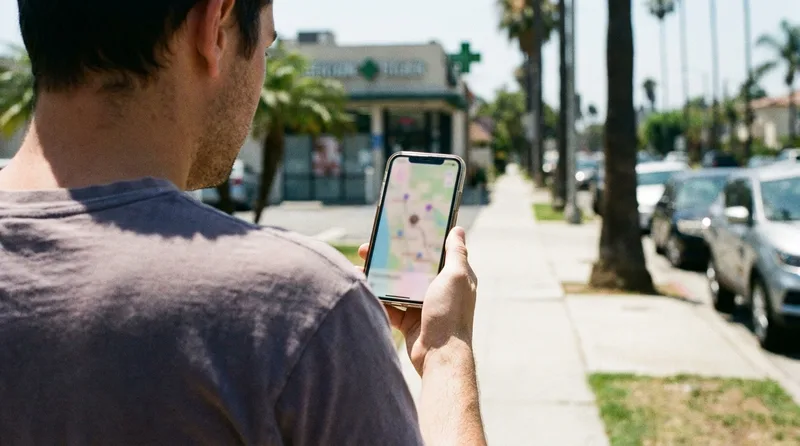 Person searching for a nearby pharmacy on a smartphone map outside an independent California pharmacy