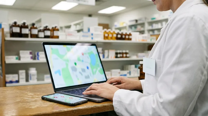 Pharmacy owner checking local map search rankings on a laptop at the pharmacy counter