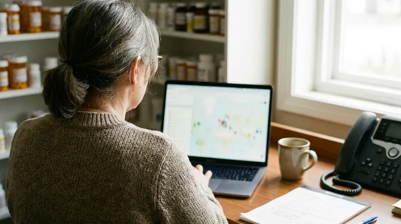 Pharmacy owner reviewing a local map with location pins on a laptop to improve independent pharmacy SEO