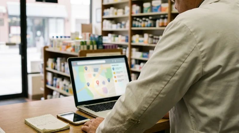 Pharmacy owner reviewing a Google Business Profile listing and local map results on a laptop at the pharmacy counter