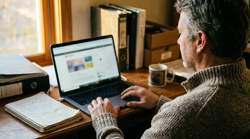 Pharmacy owner reviewing a pharmacy website and a social media calendar on a laptop in the back office