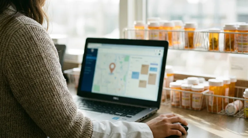 Pharmacist updating a Google Business Profile listing on a laptop at the pharmacy counter