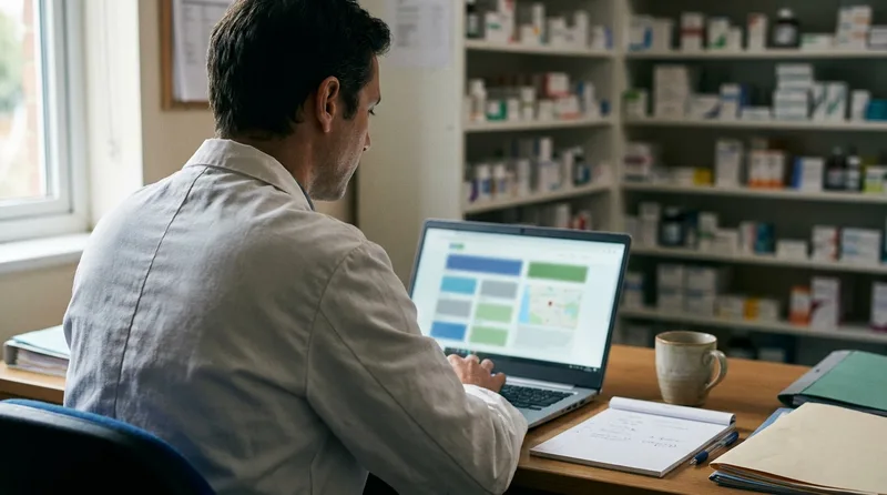 Pharmacist reviewing a website layout with service cards and a map block on a laptop
