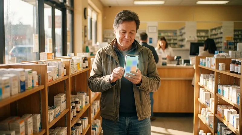 Patient in a pharmacy aisle checking refill and hours information on a smartphone