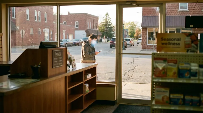 Customer checking a phone while walking up to an independent pharmacy entrance after finding it through local search