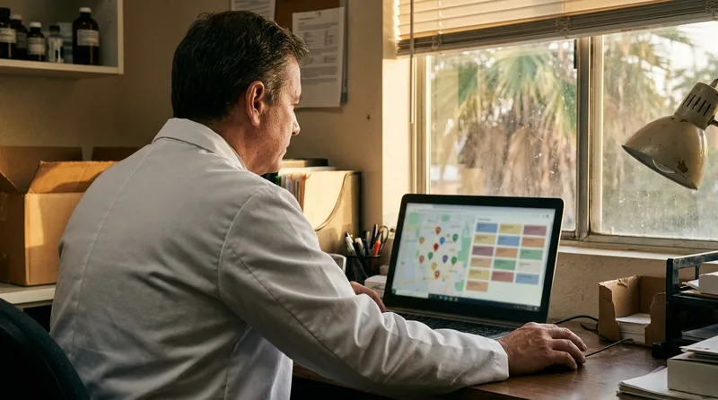 Pharmacy owner reviewing a coastal map and website layout on a laptop to improve local search visibility in Florida