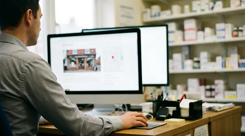 Pharmacy manager reviewing a website location page with a store photo and map pin on a monitor