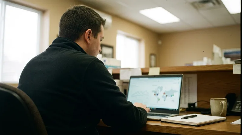Pharmacy manager reviewing a local map and website analytics on a laptop in a back office