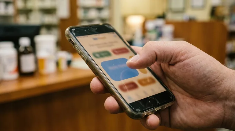 Thumb about to tap a large button on a simple mobile pharmacy website layout