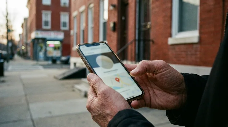 Hands holding a smartphone showing a fast-loading pharmacy web page on a Pennsylvania row-house street