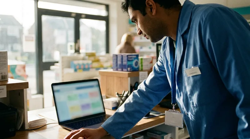 Pharmacy staff member updating store information on a Google Business Profile dashboard