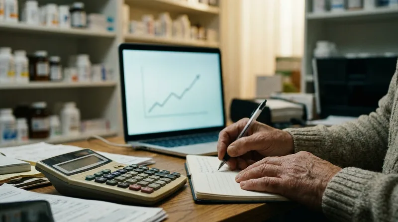 Pharmacist-owner tracking pharmacy marketing budget and new patient results with a notebook, calculator, and laptop chart