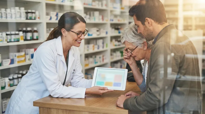 Community pharmacist helping an older patient and family member read a large-text screen at the pharmacy counter
