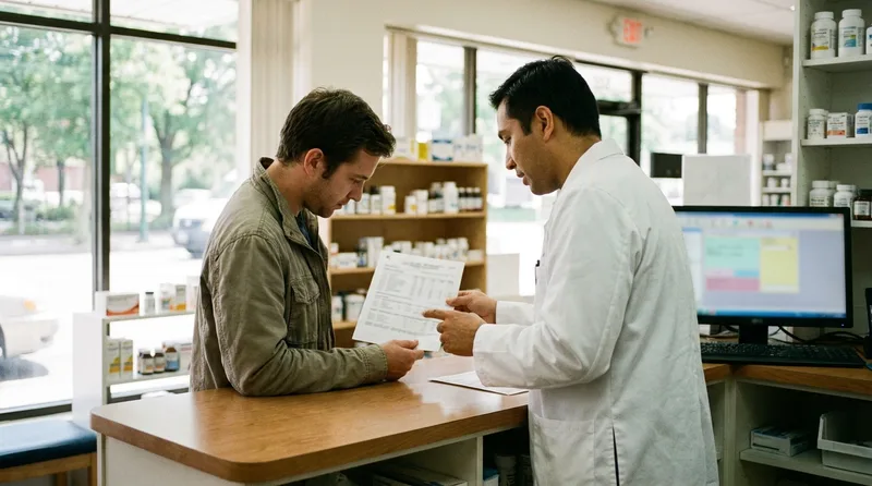 Pharmacist explaining point of care test results to a patient at a consultation counter
