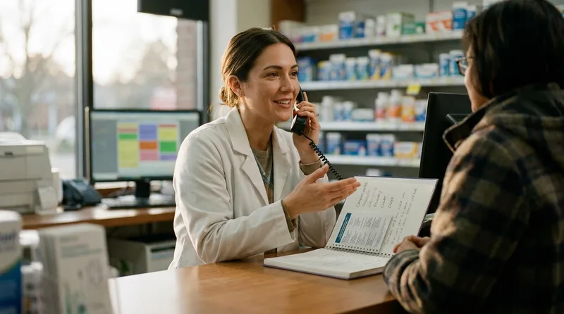 Pharmacy staff member speaking warmly with a patient by phone using a brand voice guide