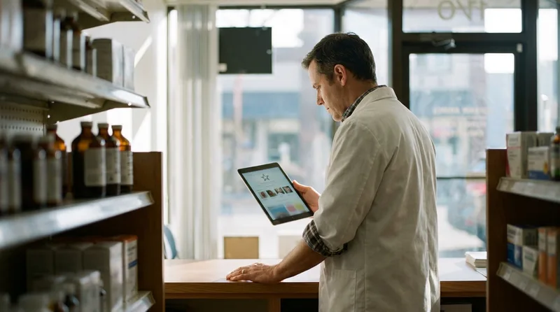 Pharmacist reviewing a Google Business Profile listing with star rating on a tablet at the pharmacy counter