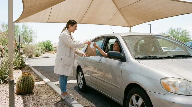 Pharmacy team member bringing a prescription bag to a customer's car at a shaded curbside pickup spot in Arizona