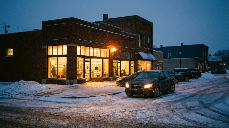 Small-town Michigan pharmacy storefront glowing at dusk during light snowfall as a car pulls in