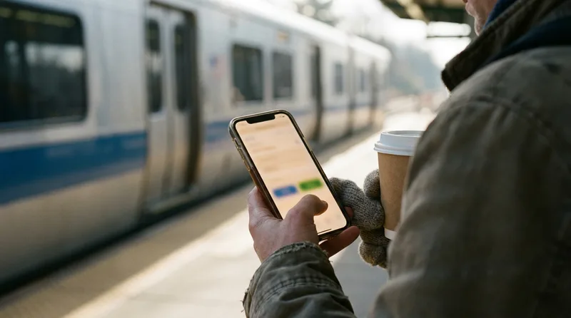 Commuter on a rail platform using a smartphone to open a pharmacy website with call and refill buttons