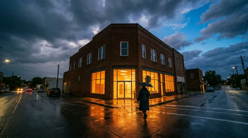 Brick-front independent pharmacy glowing at dusk on a wet Southern small-town street after rain