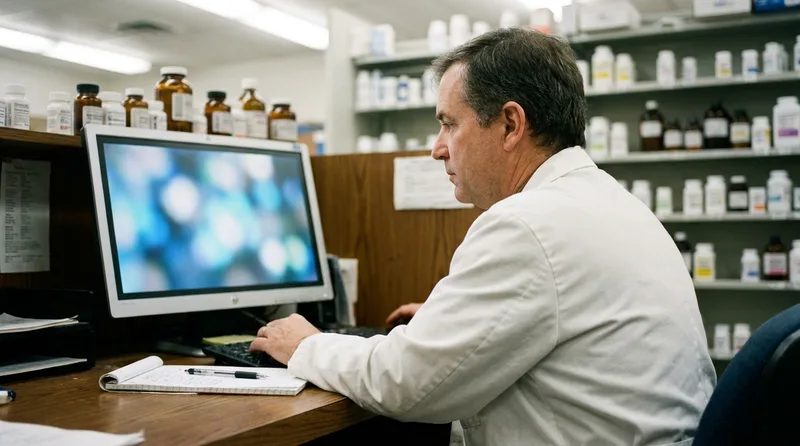 Independent pharmacy owner reviewing a Google Business Profile listing on a desktop monitor behind the pharmacy counter