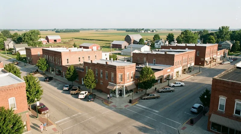 Independent pharmacy on a small Ohio town corner with brick storefronts and farmland visible at the edge of town
