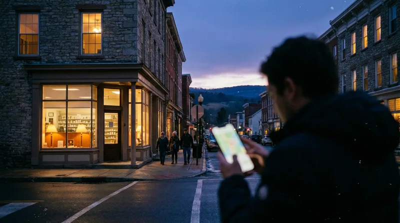 Pennsylvania town main street at dusk with a lit independent pharmacy and a pedestrian checking a map on a phone