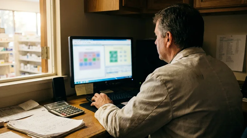 Pharmacy owner comparing 10DLC and short code texting options on a computer dashboard