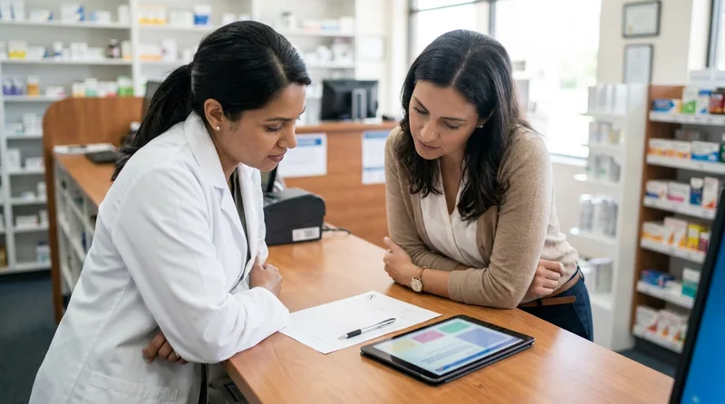 Pharmacist and marketing consultant reviewing a blank refill form and website layout together at a pharmacy counter
