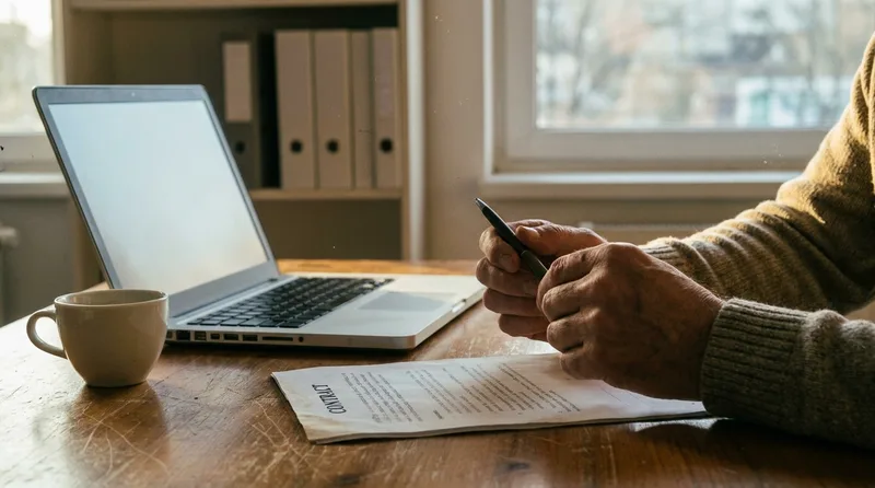 Pharmacy owner's hands reviewing a service contract beside a laptop in a bright community pharmacy office