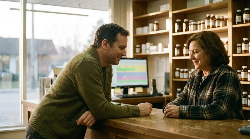 Pharmacist and patient in unhurried conversation at an independent pharmacy counter