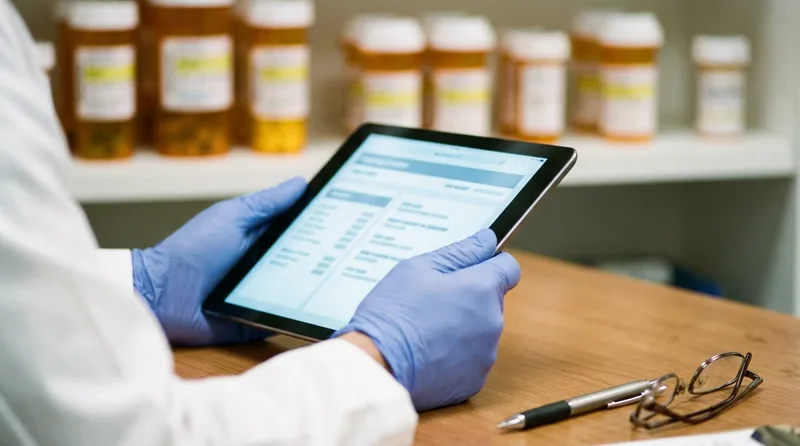 Pharmacist reviewing a compliance checklist on a tablet at a pharmacy consultation desk
