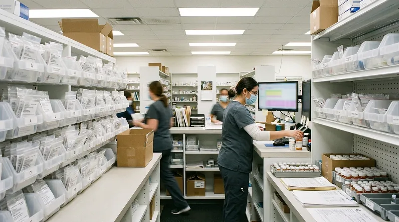Busy independent pharmacy dispensing area with organized prescription bags and a technician filling orders
