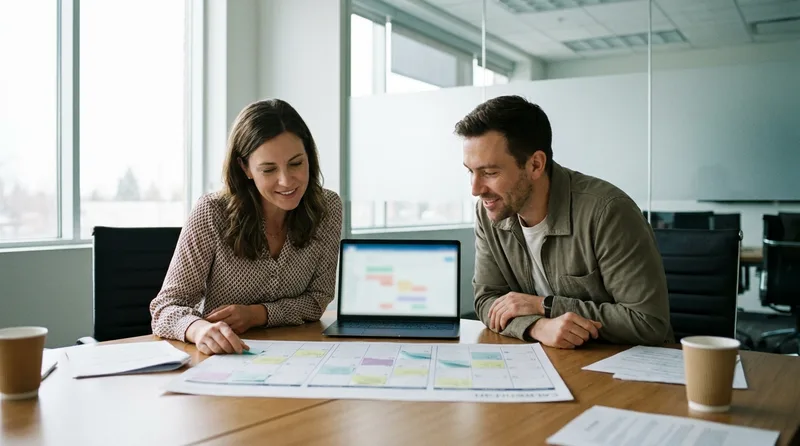 Pharmacy owner and marketing strategist planning a 90-day launch calendar at a conference table