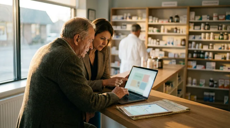 Independent pharmacy owner and marketing strategist reviewing an online listing and website together at a pharmacy counter