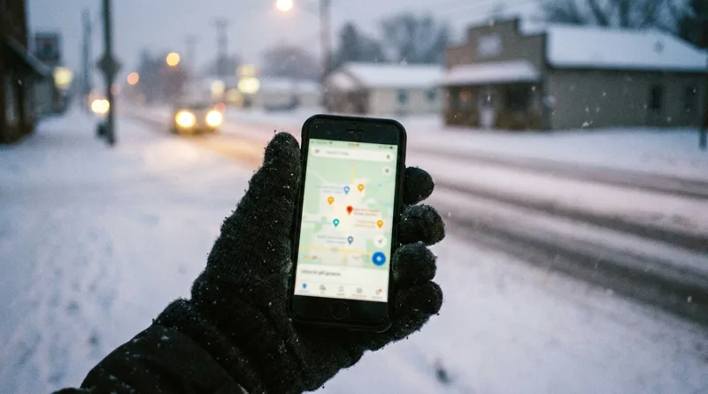 Gloved hand holding a smartphone with a map of nearby pharmacies on a snowy Michigan street