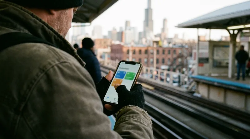Commuter on a Chicago train platform holding a smartphone that shows a simple pharmacy website with large tap buttons